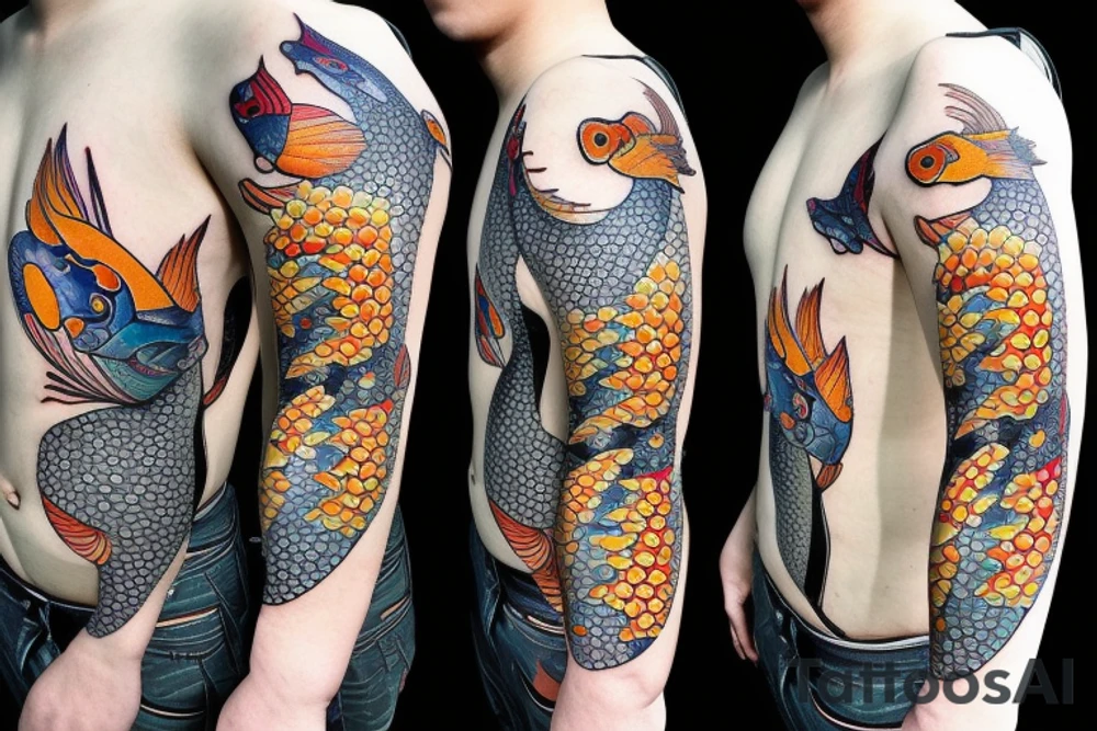 koi carp rising up with elements of the sea and flowers with the addition of geometry tattoo idea