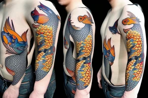 koi carp rising up with elements of the sea and flowers with the addition of geometry tattoo idea