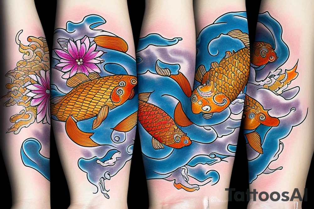 koi carp rising up with elements of the sea and flowers with the addition of geometry tattoo idea