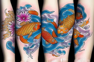 koi carp rising up with elements of the sea and flowers with the addition of geometry tattoo idea
