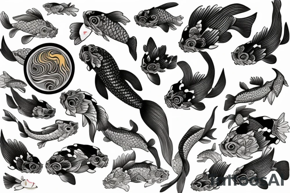 koi carp rising up with elements of the sea and flowers with the addition of geometry tattoo idea