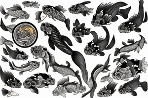 koi carp rising up with elements of the sea and flowers with the addition of geometry tattoo idea