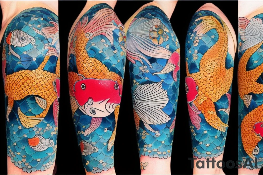 koi carp with elements of the sea and flowers with the addition of geometry tattoo idea