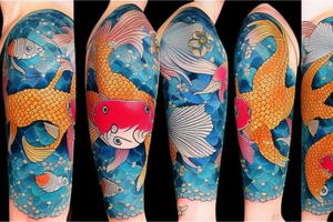 koi carp with elements of the sea and flowers with the addition of geometry tattoo idea