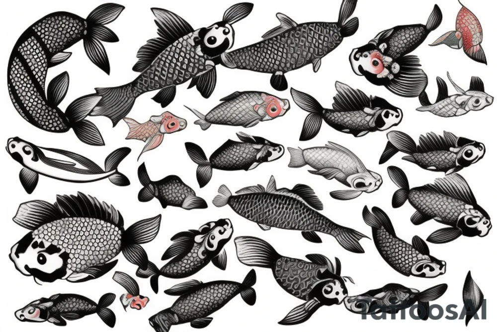 koi carp with elements of the sea and flowers with the addition of geometry tattoo idea