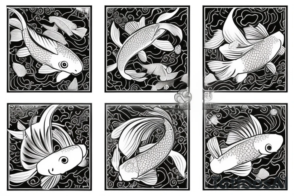 koi carp with elements of the sea and flowers with the addition of geometry tattoo idea