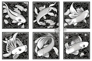 koi carp with elements of the sea and flowers with the addition of geometry tattoo idea