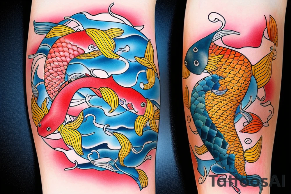 koi carp with elements of the sea and flowers with the addition of geometry tattoo idea