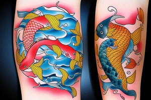 koi carp with elements of the sea and flowers with the addition of geometry tattoo idea