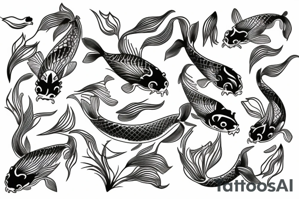 koi carp with elements of the sea and flowers with the addition of geometry tattoo idea