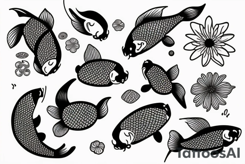 koi carp with elements of the sea and flowers with the addition of geometry tattoo idea