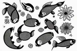 koi carp with elements of the sea and flowers with the addition of geometry tattoo idea