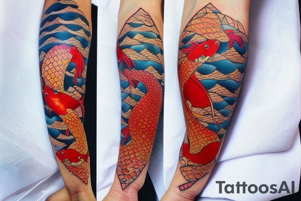 koi carp with elements of the sea and flowers with the addition of geometry tattoo idea