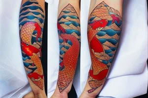 koi carp with elements of the sea and flowers with the addition of geometry tattoo idea