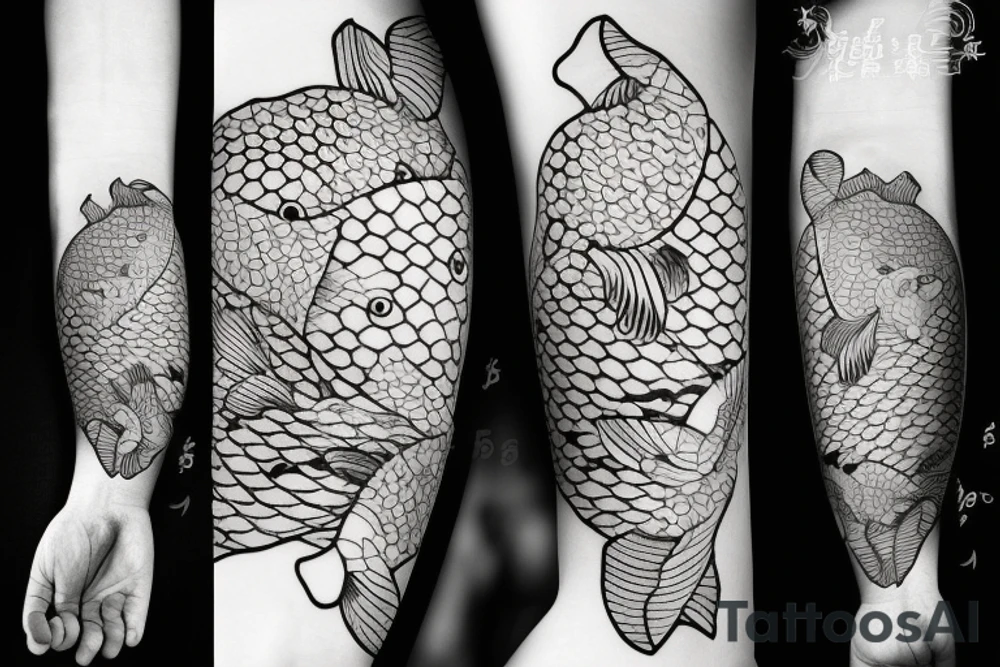 koi carp with elements of the sea and flowers with the addition of geometry tattoo idea