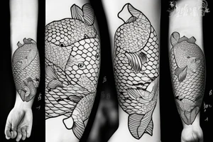 koi carp with elements of the sea and flowers with the addition of geometry tattoo idea