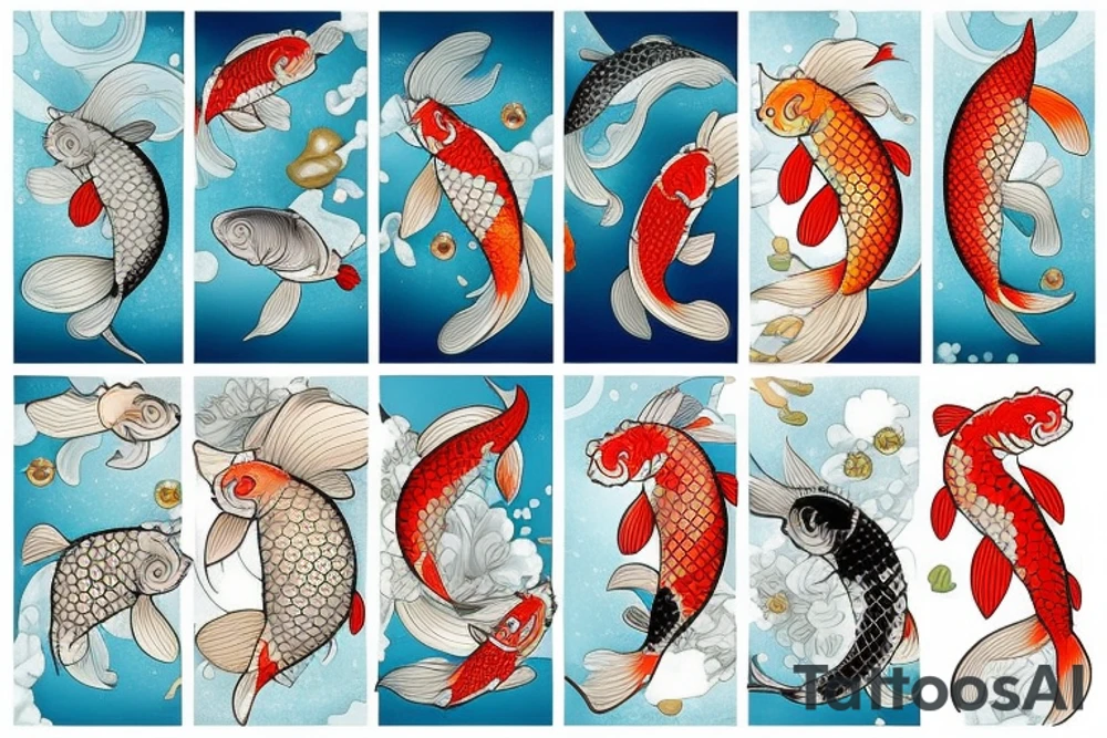 koi carp with elements of the sea and flowers with the addition of geometry tattoo idea