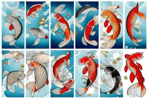 koi carp with elements of the sea and flowers with the addition of geometry tattoo idea