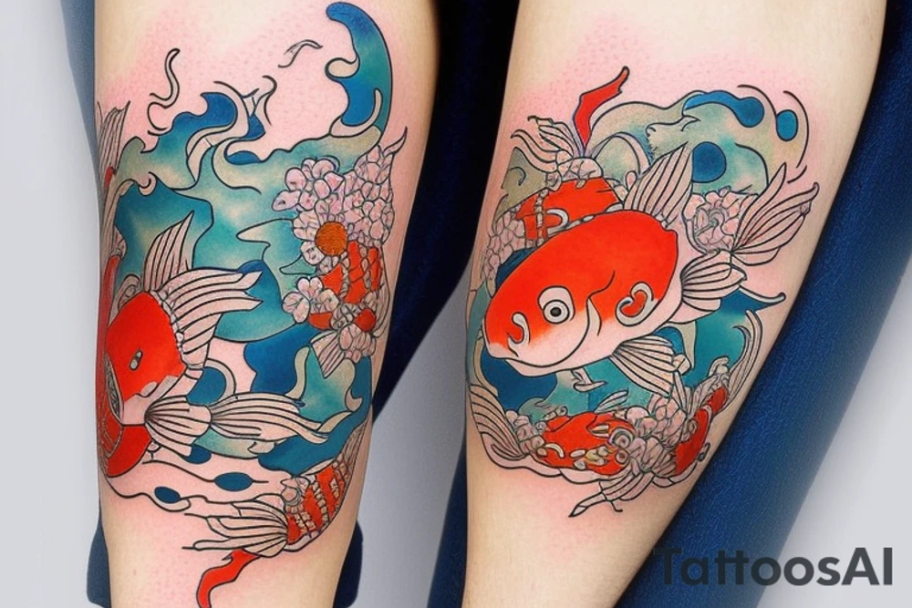koi carp with elements of the sea and flowers with the addition of geometry tattoo idea