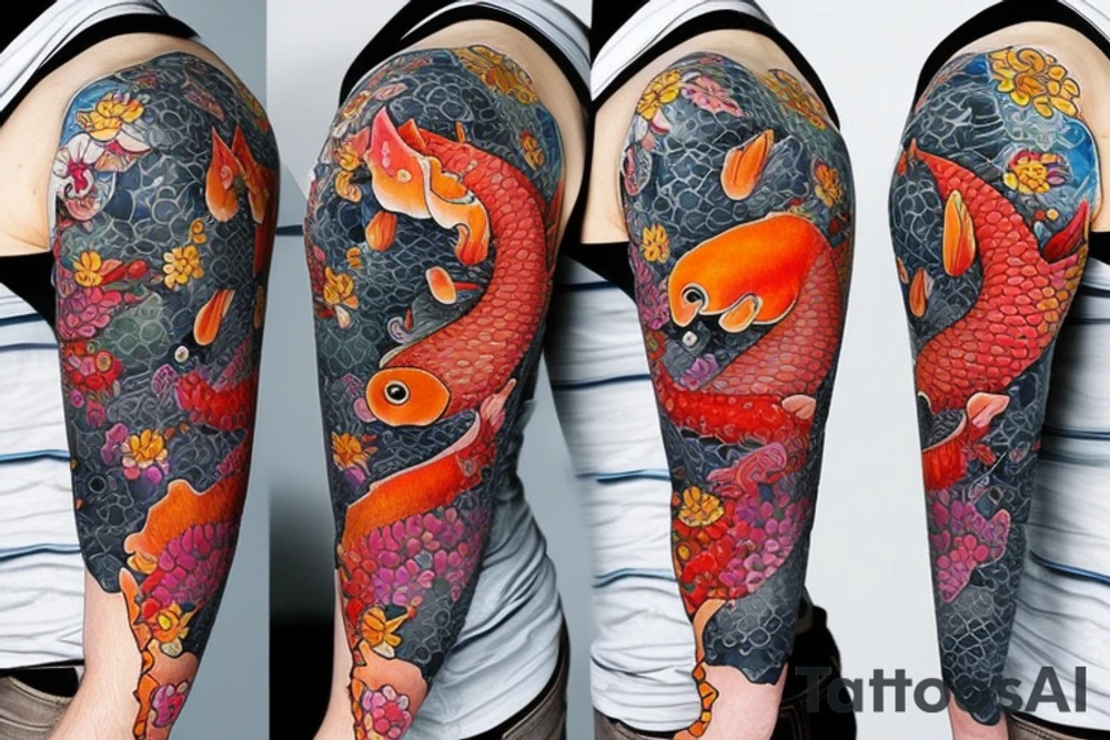 koi carp with elements of the sea and flowers with the addition of geometry tattoo idea