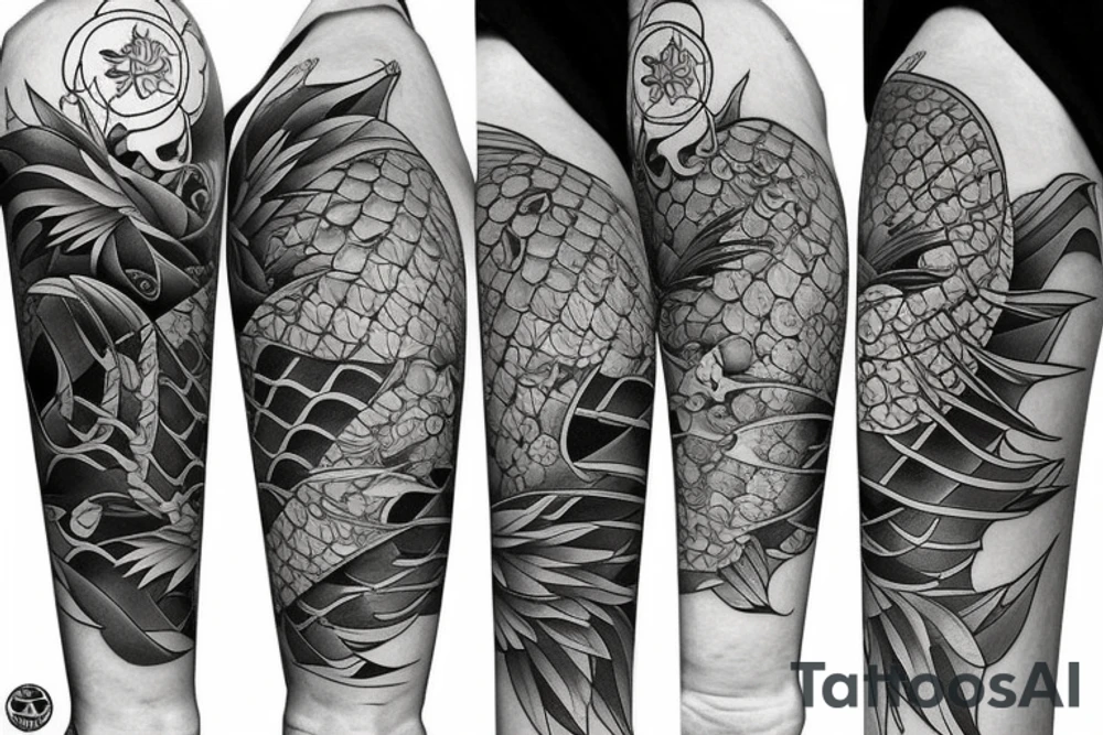 koi carp with elements of the sea and flowers with the addition of geometry tattoo idea