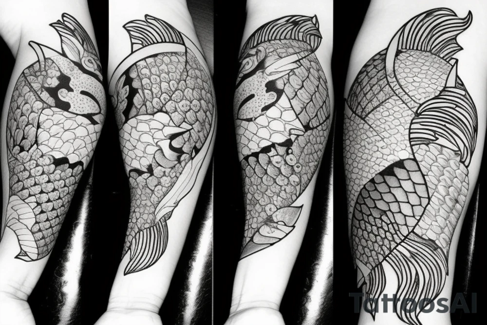 koi carp with elements of the sea and flowers with the addition of geometry tattoo idea
