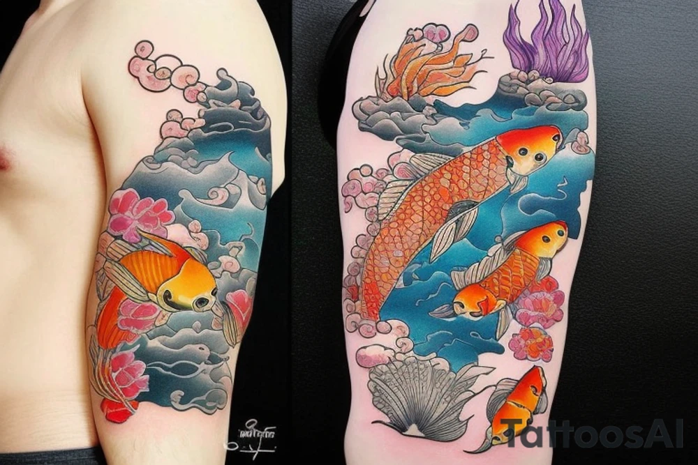 koi carp with elements of the sea and flowers with the addition of geometry tattoo idea