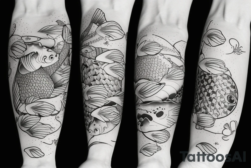 koi carp with elements of the sea and flowers with the addition of geometry tattoo idea