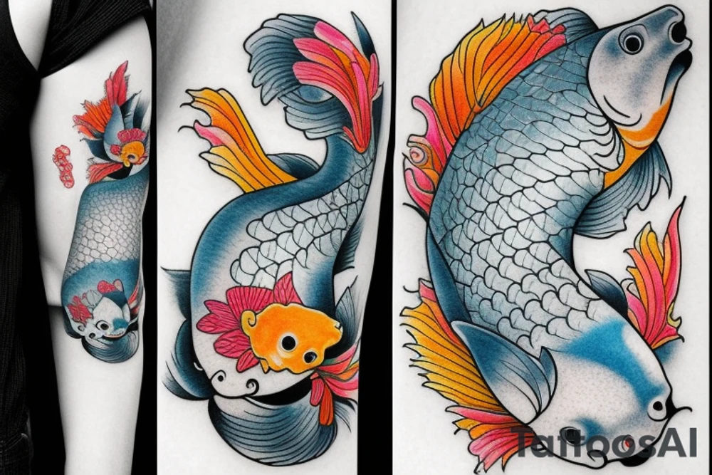 koi carp with elements of the sea and flowers with the addition of geometry tattoo idea