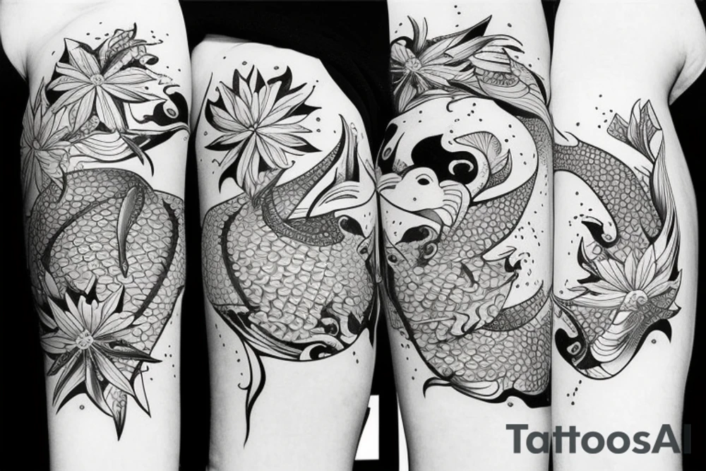 koi carp with elements of the sea and flowers with the addition of geometry tattoo idea