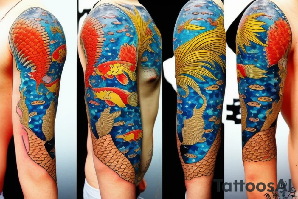koi carp with elements of the sea and flowers with the addition of geometry tattoo idea