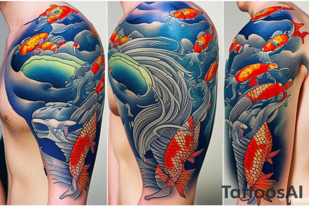 koi carp with elements of the sea and lotus with the addition of geometry tattoo idea