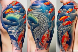 koi carp with elements of the sea and lotus with the addition of geometry tattoo idea