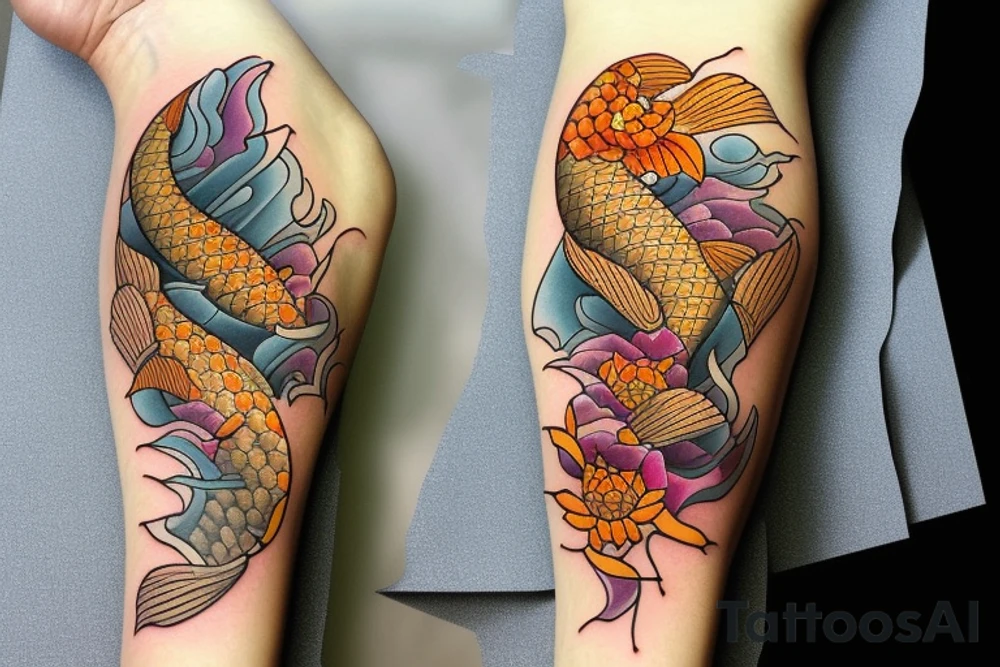 koi carp with elements of the sea and lotus with the addition of geometry tattoo idea