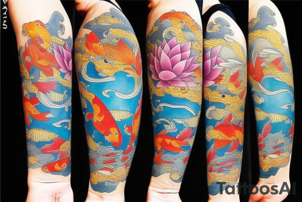 koi carp with elements of the sea and lotus with the addition of geometry tattoo idea