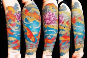 koi carp with elements of the sea and lotus with the addition of geometry tattoo idea