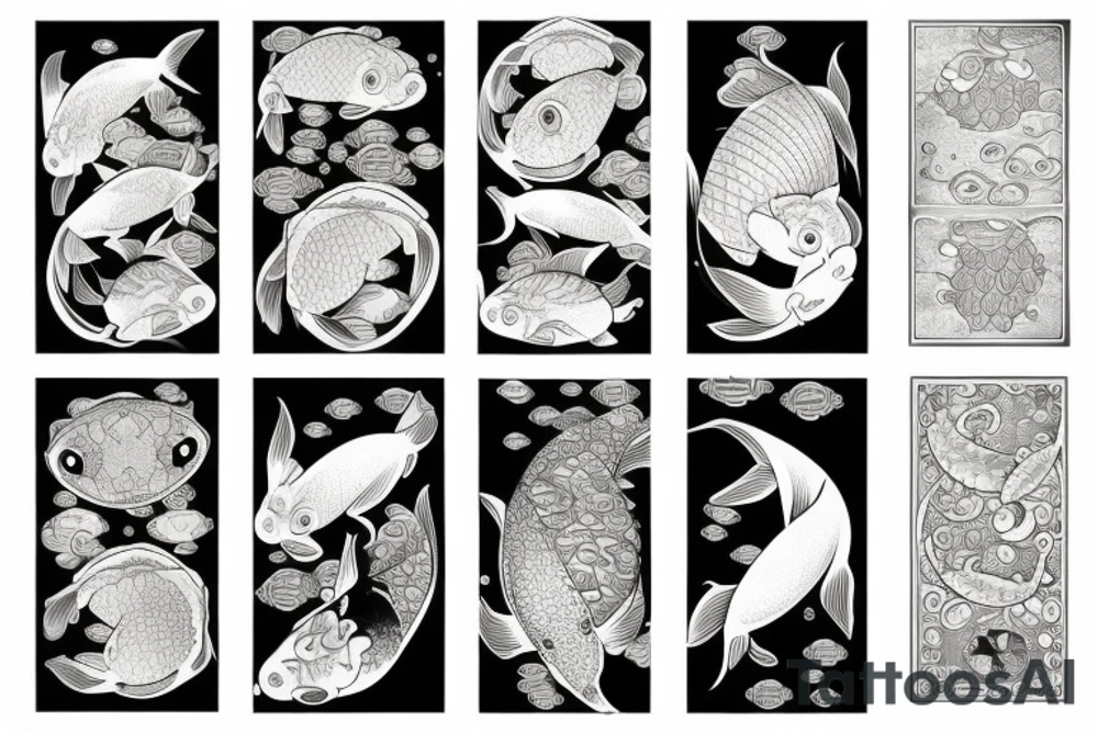 koi carp with elements of the sea and lotus with the addition of geometry tattoo idea
