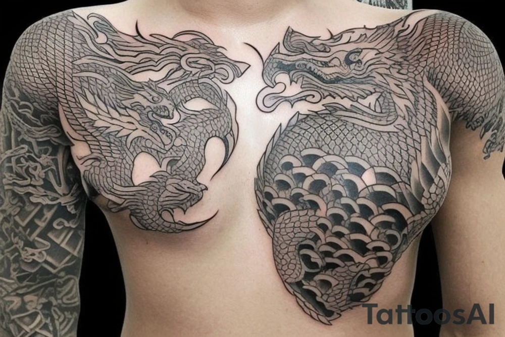 i want a chest tattoo the goes from the  chest to the hip, on both sides of my body with a detailed dragon scales japanese style tattoo idea