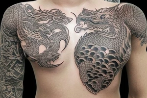 i want a chest tattoo the goes from the  chest to the hip, on both sides of my body with a detailed dragon scales japanese style tattoo idea