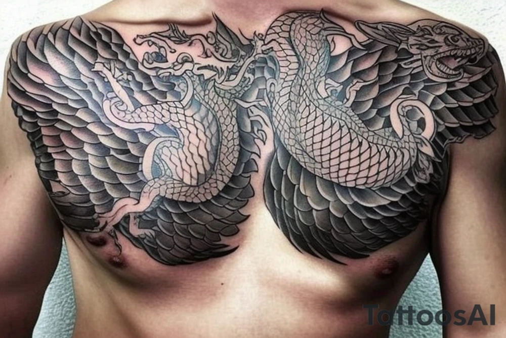 i want a chest tattoo the goes from the  chest to the hip, on both sides of my body with a detailed dragon scales japanese style tattoo idea