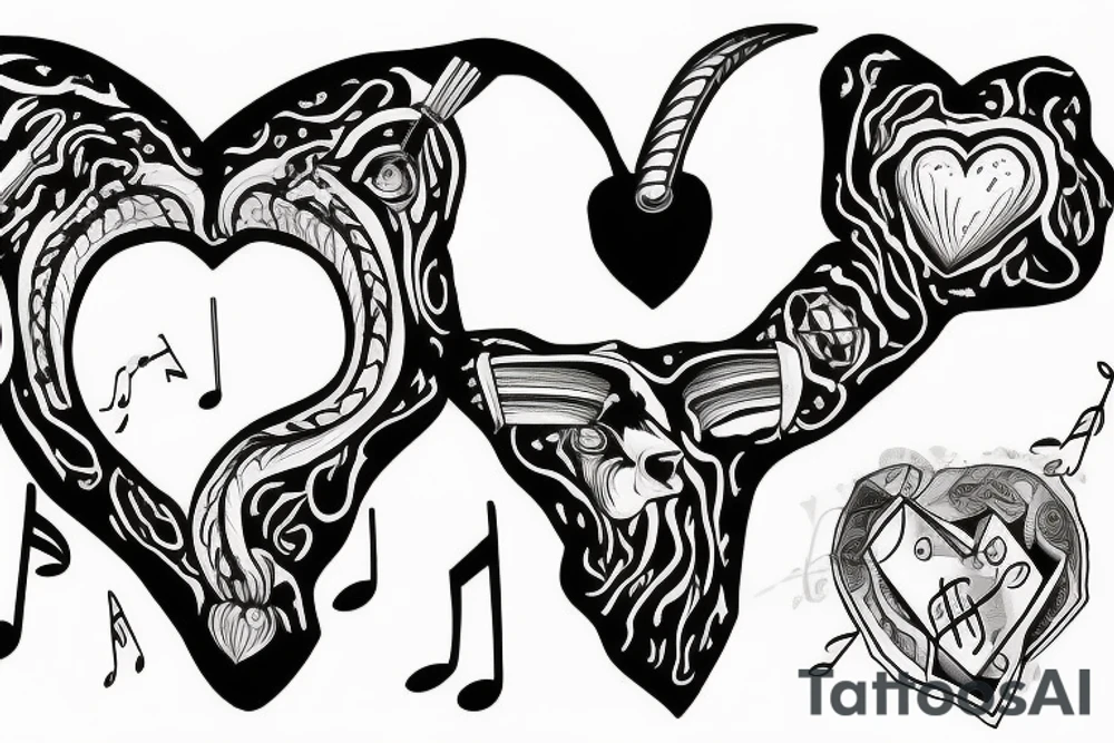 A goat heart with music, money, and cross tattoo idea