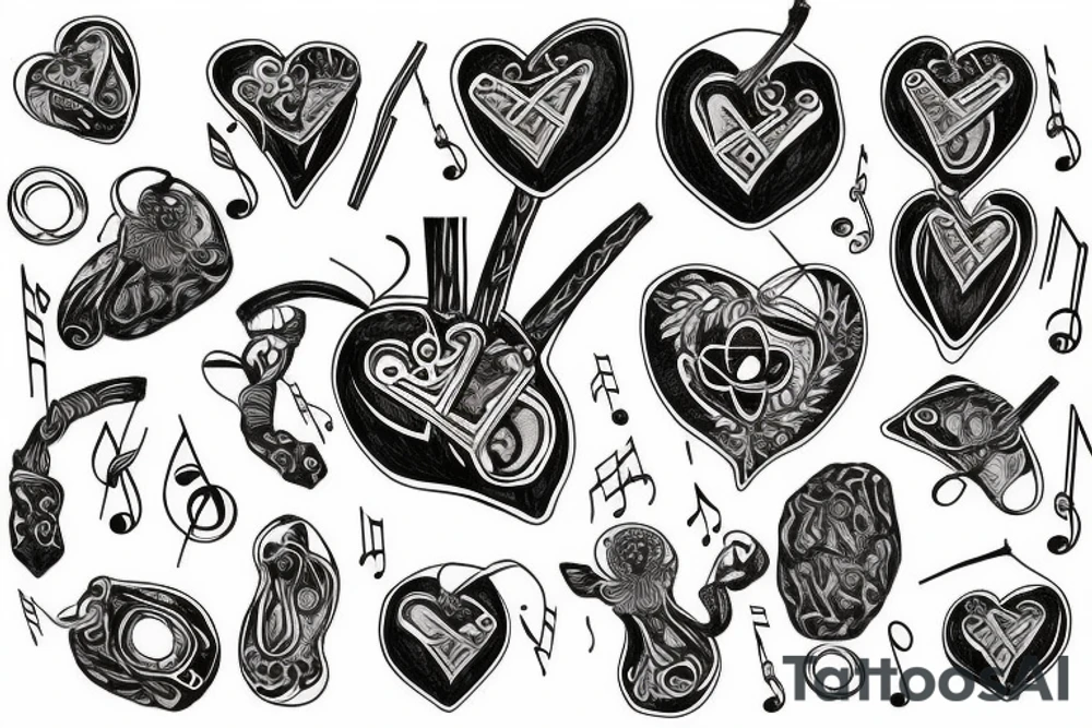 A goat heart with music, money, and cross tattoo idea