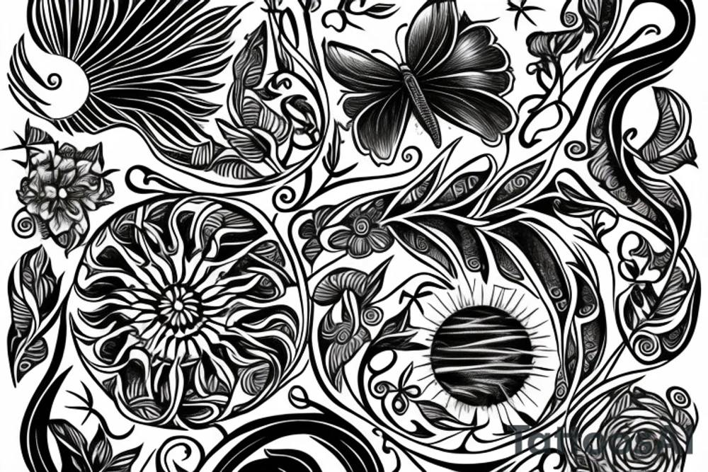 down the spine, a sublime style sun outline, flowers, butterflies, a cresent moon, line vines, line art with some detail tattoo idea