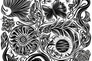 down the spine, a sublime style sun outline, flowers, butterflies, a cresent moon, line vines, line art with some detail tattoo idea