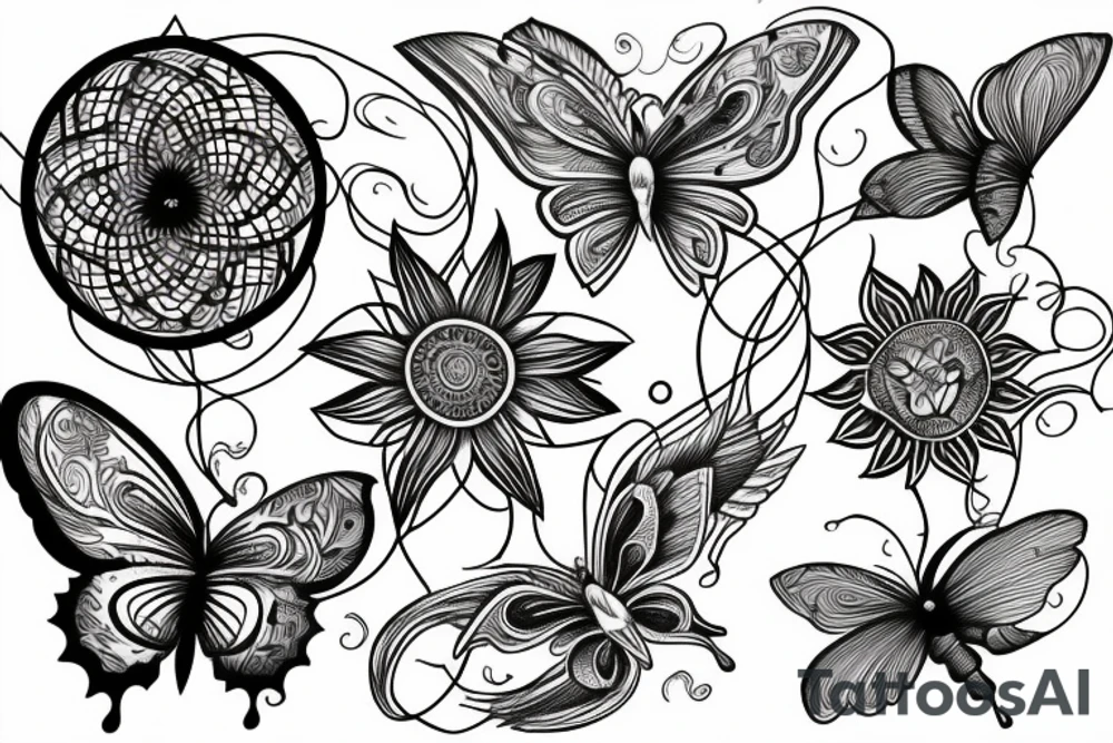 down the spine, a sublime style sun outline, flowers, butterflies, a cresent moon, line vines, line art with some detail tattoo idea