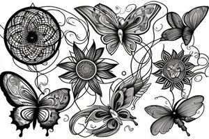 down the spine, a sublime style sun outline, flowers, butterflies, a cresent moon, line vines, line art with some detail tattoo idea