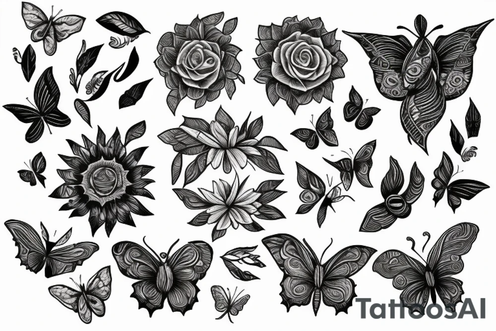 spine, a sublime style sun outline, flowers, butterflies, a cresent moon, line vines, line art with some detail tattoo idea