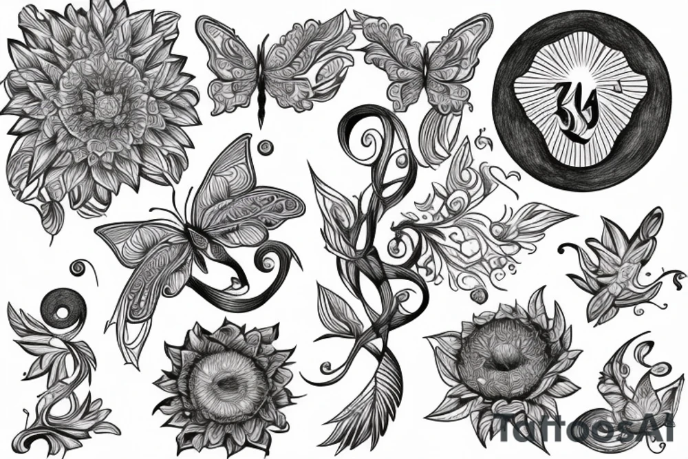 spine, a sublime style sun outline, flowers, butterflies, a cresent moon, line vines, line art with some detail tattoo idea