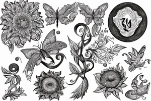 spine, a sublime style sun outline, flowers, butterflies, a cresent moon, line vines, line art with some detail tattoo idea