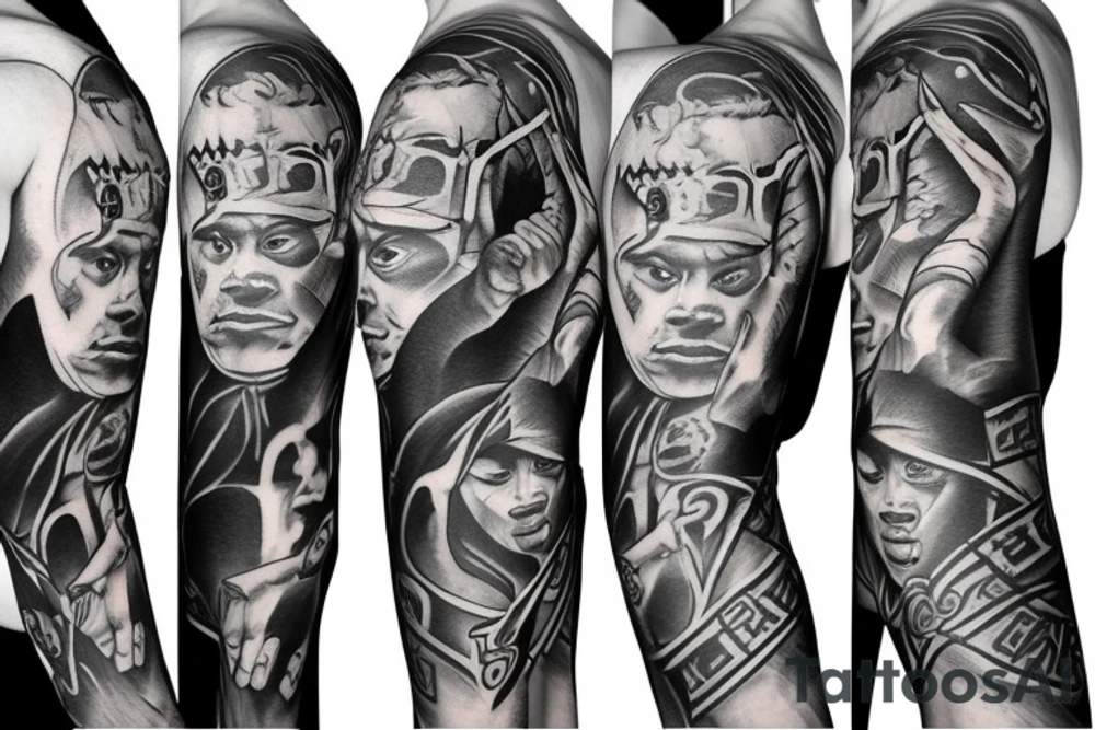 Black power themed sleeve tattoo with hidden satan 2d sketch tattoo idea